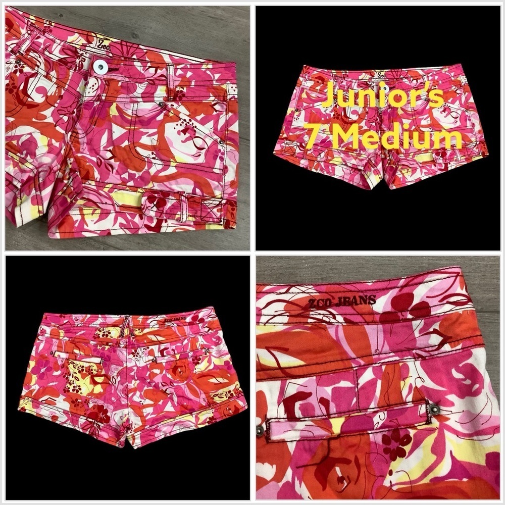 Junior's ZCO Jeans 7 Medium Shorts Shortie Chino Khakis Red Pink Floral Stretch